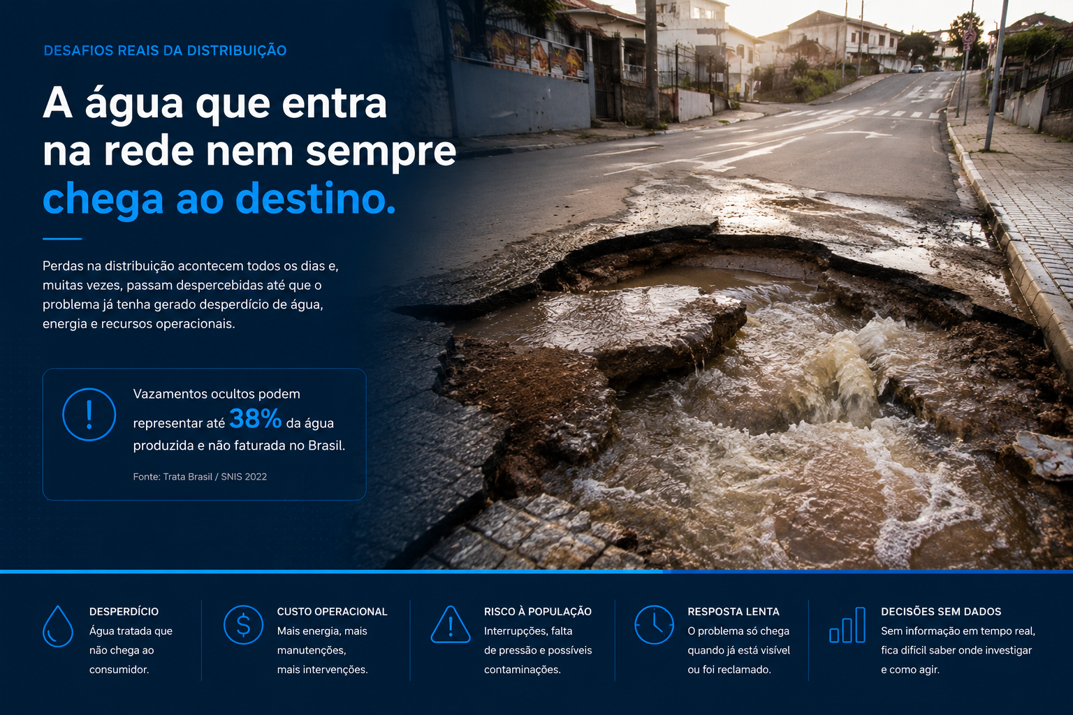 Perda de água visível em rede urbana de distribuição